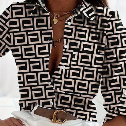 Graphic Print Button Front Blouse, Casual Long Sleeve Polo Collar Blouse For Spring & Summer, Women's Clothing