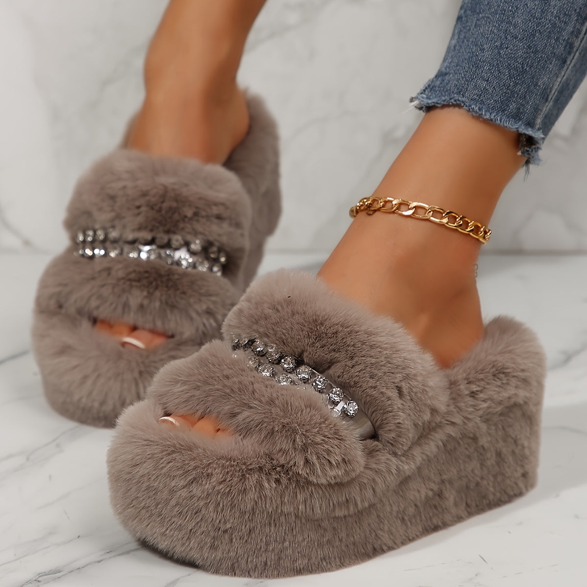 [Sparkling Rhinestone Slippers] Plush Faux Fur Sparkling Rhinestone-Decorated Slippers | Women's Slip-On with Thick Cushioned Rubber Sole & Sloped Heel | All-Season Indoor House Shoes for Warmth & Comfort (Black/Grey/White)