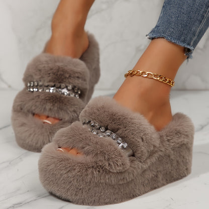 [Sparkling Rhinestone Slippers] Plush Faux Fur Sparkling Rhinestone-Decorated Slippers | Women's Slip-On with Thick Cushioned Rubber Sole & Sloped Heel | All-Season Indoor House Shoes for Warmth & Comfort (Black/Grey/White)