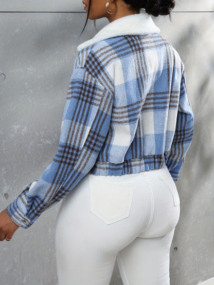 Button Plaid Faux Fur Collar Jacket, Casual Long Sleeve Crop Jacket For Fall & Winter, Women's Clothing