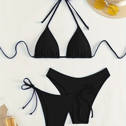 Solid Color 3 piece Set Bikini, Halter Neck Backless Swimsuits, Women's Swimwear & Clothing