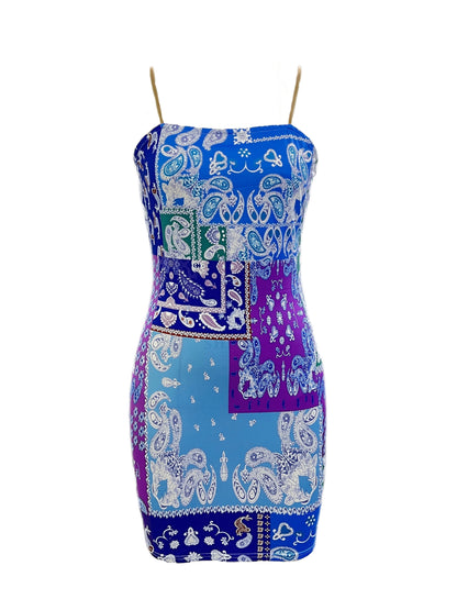 Vibrant Paisley Print Bodycon Mini Dress for Women - Sexy Off-Shoulder, Sleeveless, Stretchy Polyester Blend, Machine Washable, Party Wear Dress|Offshoulder Dress|Semitransparent Material