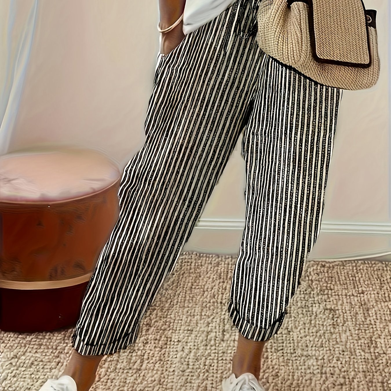 Striped Slant Pocket Drawstring Pants, Casual Pants For Spring & Summer, Women's Clothing