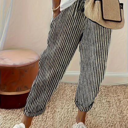 Striped Slant Pocket Drawstring Pants, Casual Pants For Spring & Summer, Women's Clothing