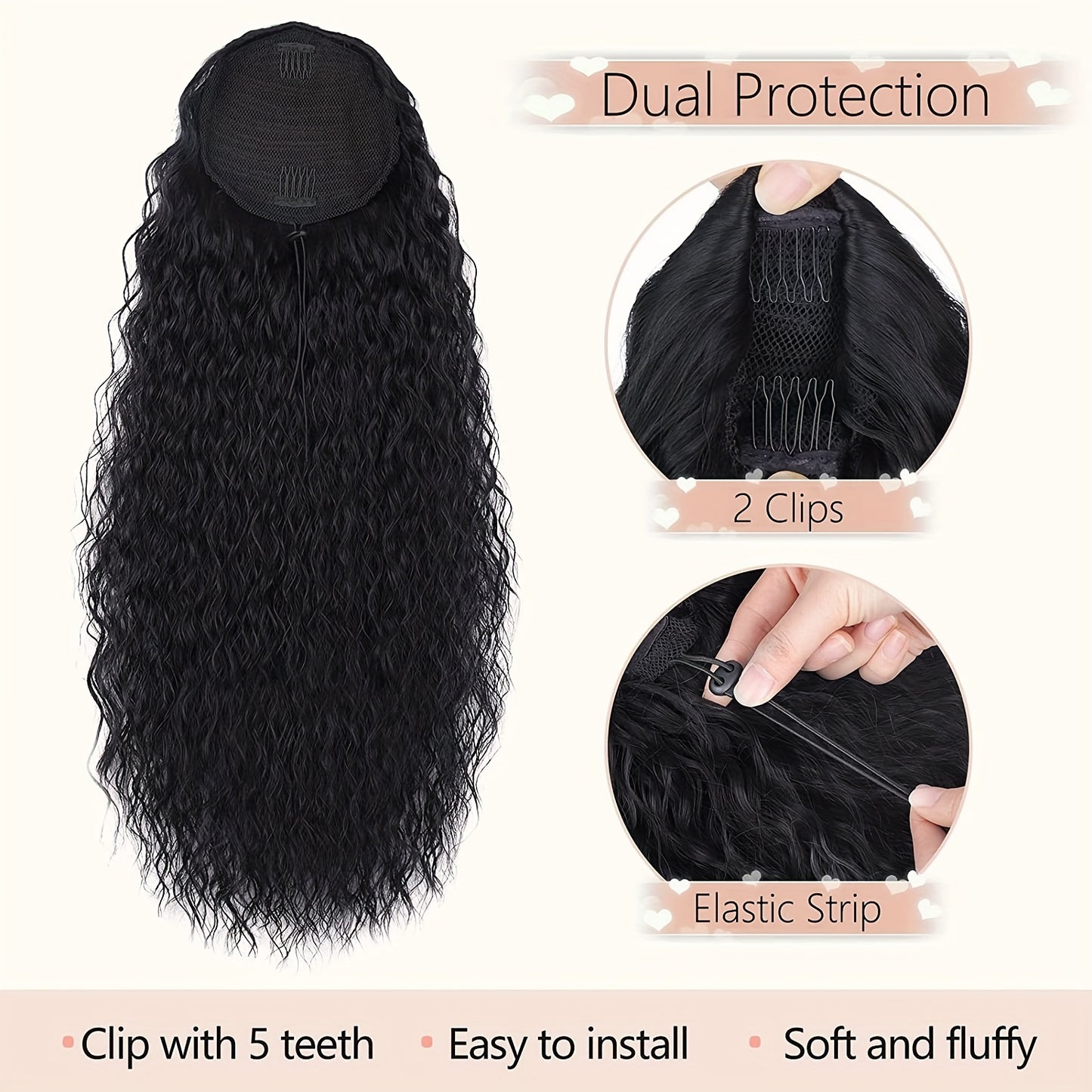 Long Curly Drawstring Ponytail For Women, 55.88cm Black Curly Ponytail Hair Extension, Synthetic Clips In Drawstring Ponytail For Daily Use (Natural Black)