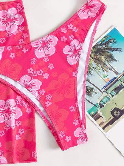 Romantic Pink Floral Halter 3-Piece Swimsuit Set - Adjustable Triangle Bikini with Flirty Wrap Skirt - Perfect Womens Swimwear for Valentines Day