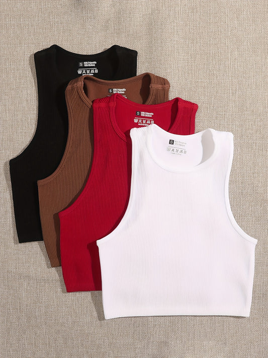 4 Pcs Vibrant Seamless Ribbed Crop Tops - Round Neck, Sleeveless, Breathable, Moisture-Wicking, Casual Sports Tank Tops for Women - Perfect for Yoga, Fitness, and Daily Wear