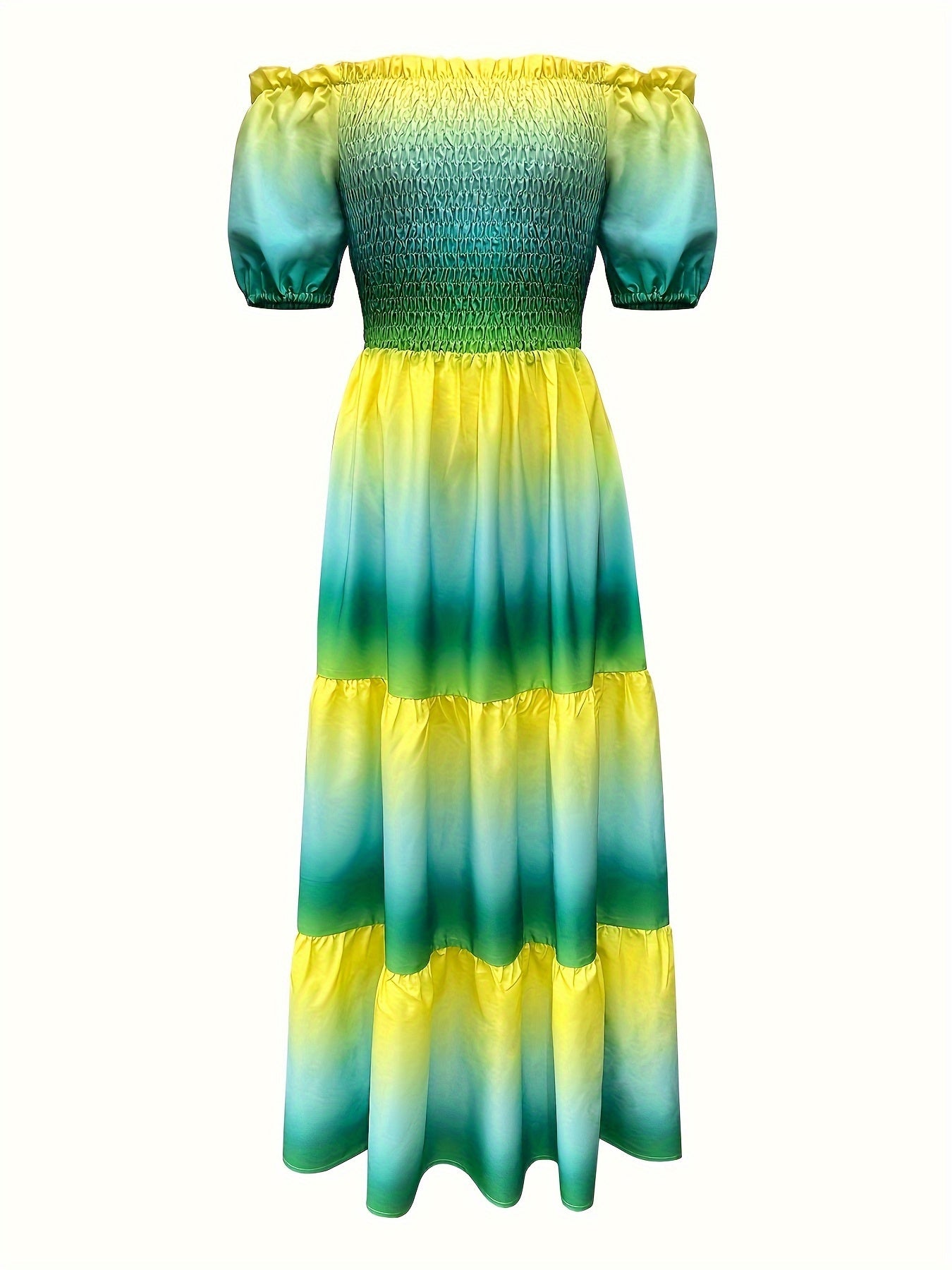 Gradient Print Tiered Dress, Casual Off Shoulder Shirred Party Dress, Women's Clothing