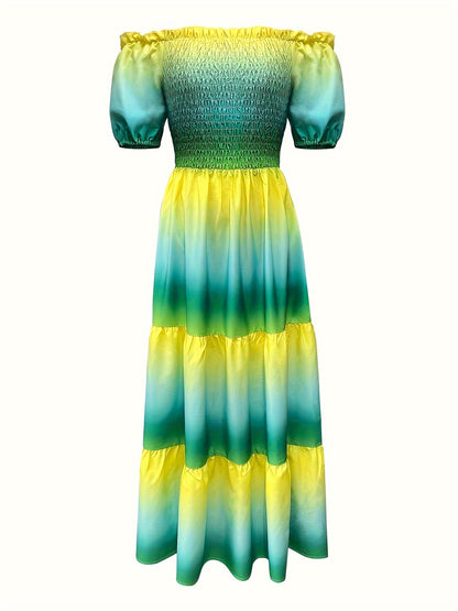 Gradient Print Tiered Dress, Casual Off Shoulder Shirred Party Dress, Women's Clothing