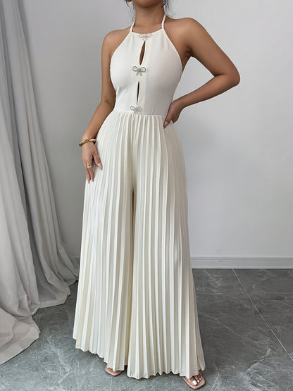 Women's Elegant Beige Halter Neck Jumpsuit - Striped Pleated Wide-Leg Romper, Machine Washable All-Season Versatile Outfit for Casual & Formal Events, Formal Attire | Chic Design | Smooth Texture