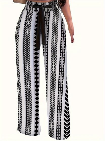 Plant Print Tie Waist Pants, Casual Wide Leg Long Length Pants, Women's Clothing