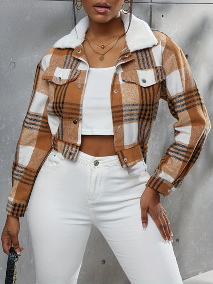 Button Plaid Faux Fur Collar Jacket, Casual Long Sleeve Crop Jacket For Fall & Winter, Women's Clothing