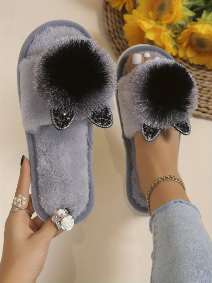 [Cute Slippers] Soft Women's Slip-On Slippers | All-Season Indoor House Shoes with Plush Faux Fur Trim & Sparkling Embellishments - Cute Slippers, Loungewear Essentials, Playful Design, Durable EVA Sole