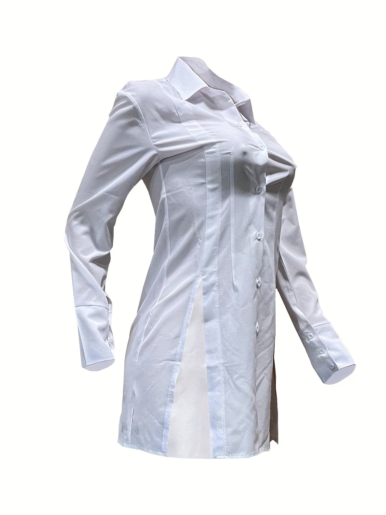 Women's Slim-Fit White Long Sleeve Shirt with Notch Lapel & Side Slit - Solid Color Button-Up Blouse, Machine Washable, Versatile for Casual & Formal Wear, Ladies Blouses
