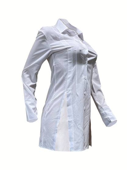 Women's Slim-Fit White Long Sleeve Shirt with Notch Lapel & Side Slit - Solid Color Button-Up Blouse, Machine Washable, Versatile for Casual & Formal Wear, Ladies Blouses