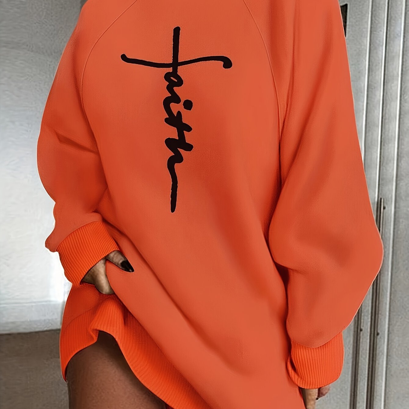 Faith Print Turtleneck Dress, Casual Loose Long Sleeve Dress, Women's Clothing