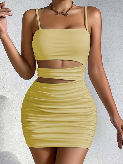 Y2K Solid Hollow Bodycon Cami Dress, Sexy Spaghetti Dress For Spring & Summer, Women's Clothing
