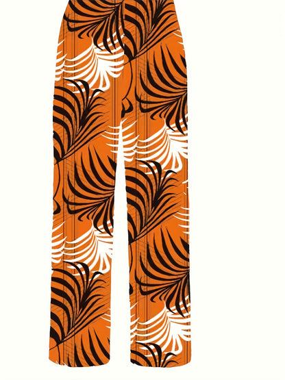 Plant Print Tie Waist Pants, Casual Wide Leg Long Length Pants, Women's Clothing