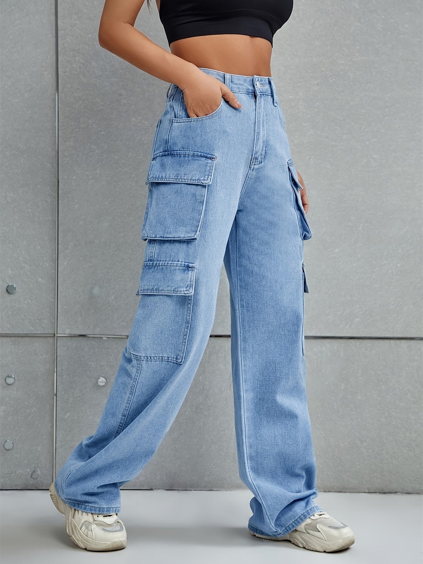 Plain Flap Pockets Cargo Pants, Loose Fit Non-Stretch Y2K & Kpop Style Straight Jeans, Women's Denim Jeans & Clothing