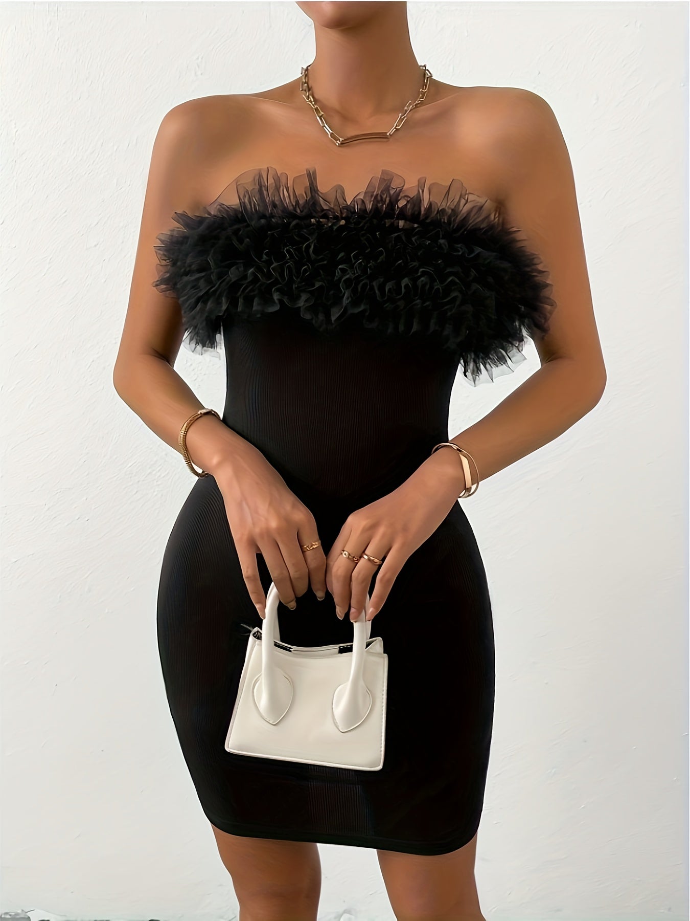 Mesh Trim Tube Dress, Elegant Solid Off Shoulder Bodycon Dress, Women's Clothing