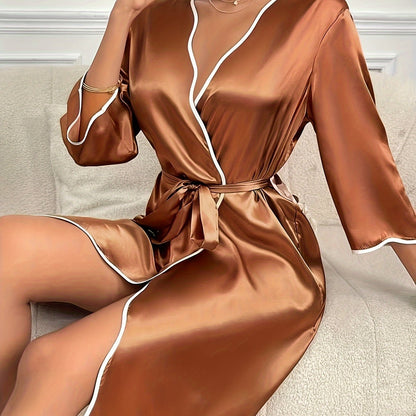 Luxurious Satin Night Robe - Soft Three Quarter Sleeve, V Neck Design, Adjustable Belt, Elegant Contrast Binding, Comfortable Women's Sleepwear & Dresses for a Restful Night