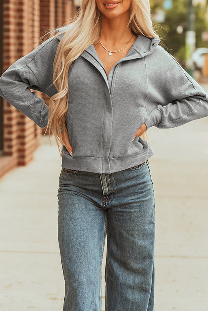 Gray Waffle Splicing Zip Up Front Button Hooded Jacket