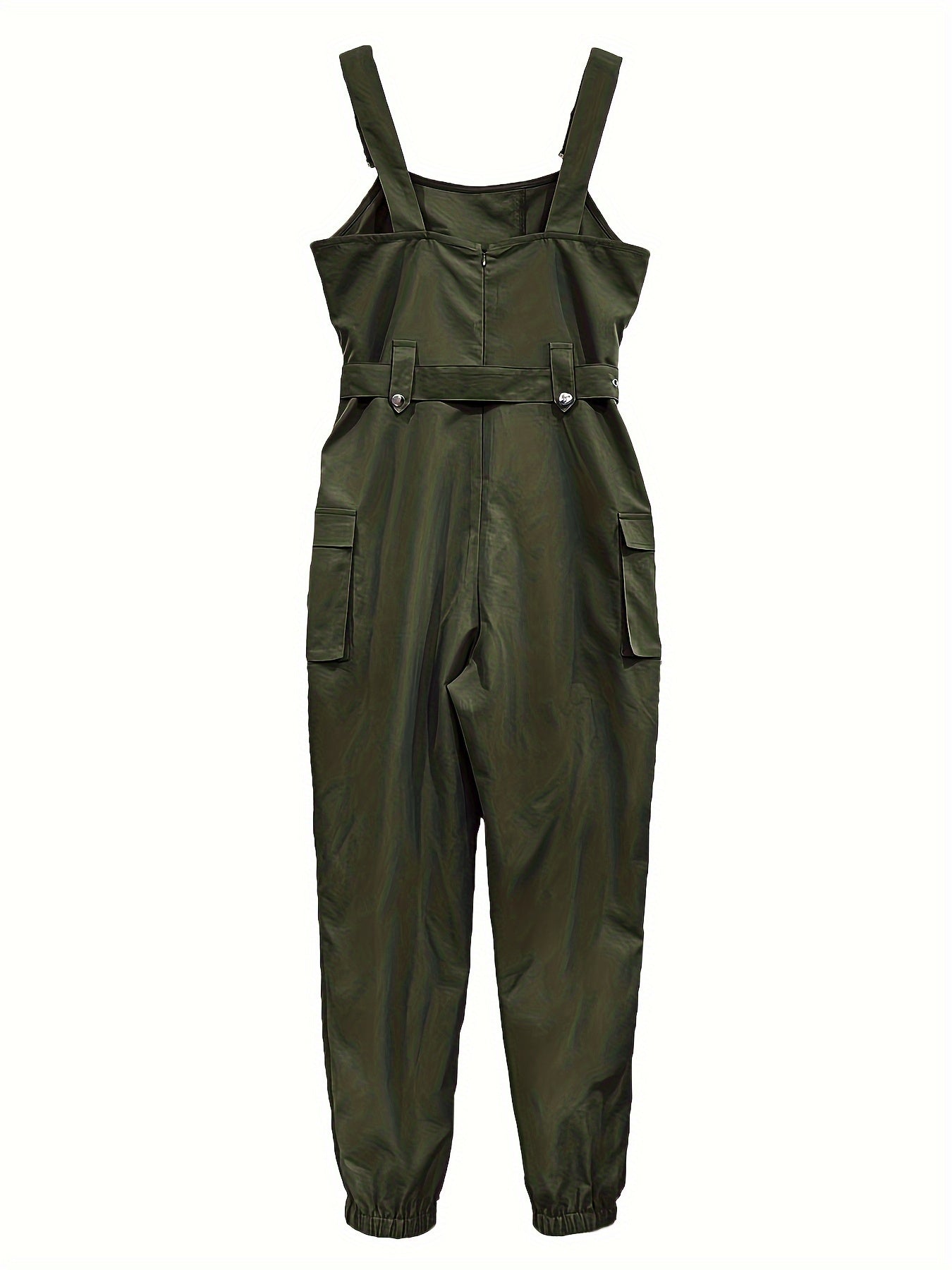 Solid Flap Pocket Cargo Jumpsuit, Casual Sleeveless Belted Flap Detail Jumpsuit, Women's Clothing