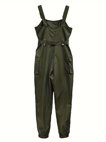 Solid Flap Pocket Cargo Jumpsuit, Casual Sleeveless Belted Flap Detail Jumpsuit, Women's Clothing