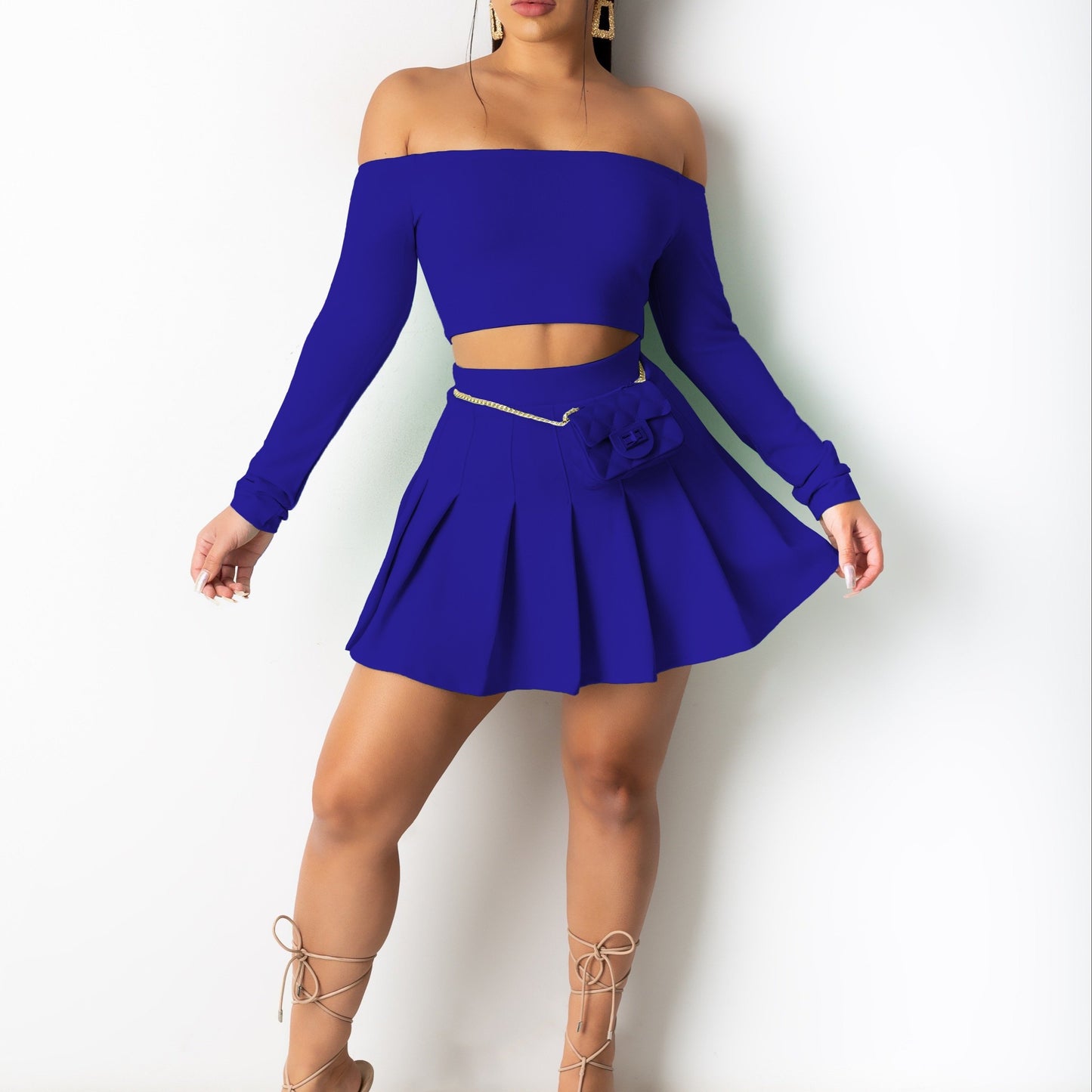 Solid Elegant Two-piece Set, Off Shoulder Long Sleeve Crop Top & Pleated Mini Skirt Outfits, Women's Clothing