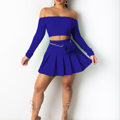 Solid Elegant Two-piece Set, Off Shoulder Long Sleeve Crop Top & Pleated Mini Skirt Outfits, Women's Clothing