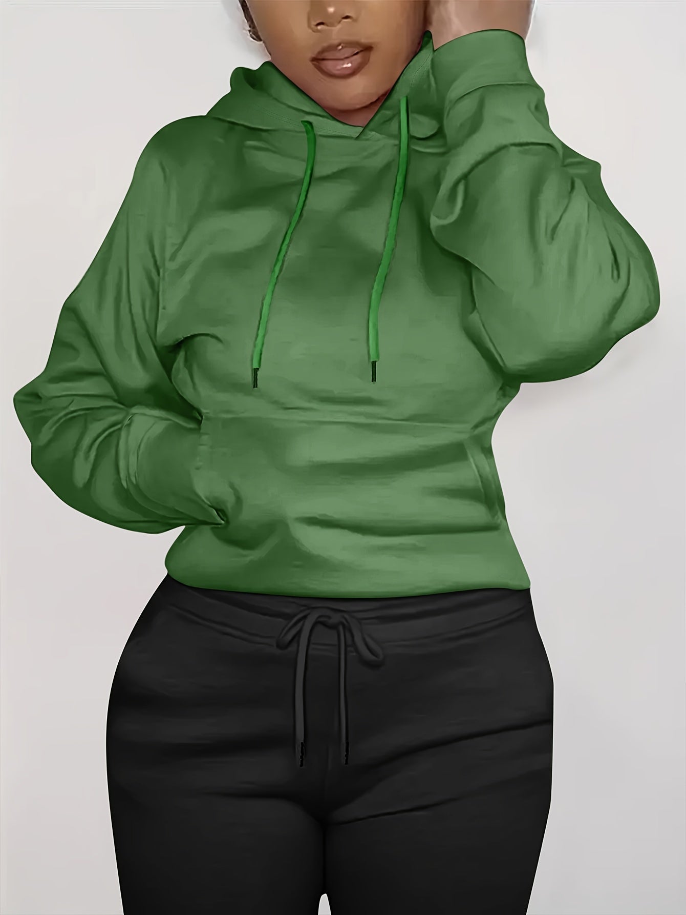 Solid Kangaroo Pocket Hoodie Without Pants, Casual Long Sleeve Drawstring Hoodies Sweatshirt, Women's Clothing