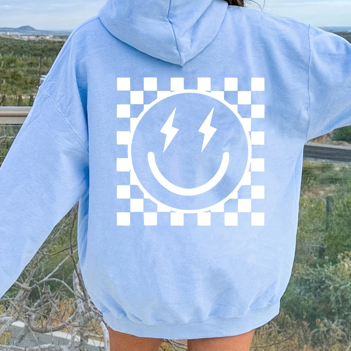 Women's Light Blue joyful Face & Lightning Bolt Print Hoodie - Cozy Polyester Knit, Drawstring Hood with Front Pocket, Long Sleeves - Casual Sporty Sweatshirt Jacket for Fall/Winter, Sweater Hoodie