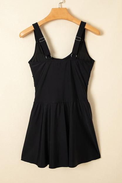 Black Adjustable Straps Cutout Ruched Knot Slit One Piece Swim Dress