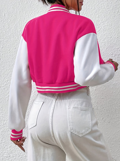 Stylish Women's Polyester Bomber Jacket - Alphabet Embroidery, Crew Neck, Short Length, All-Season Wear, Perfect for Casual Daily Life, Outdoor Activities, and Travel