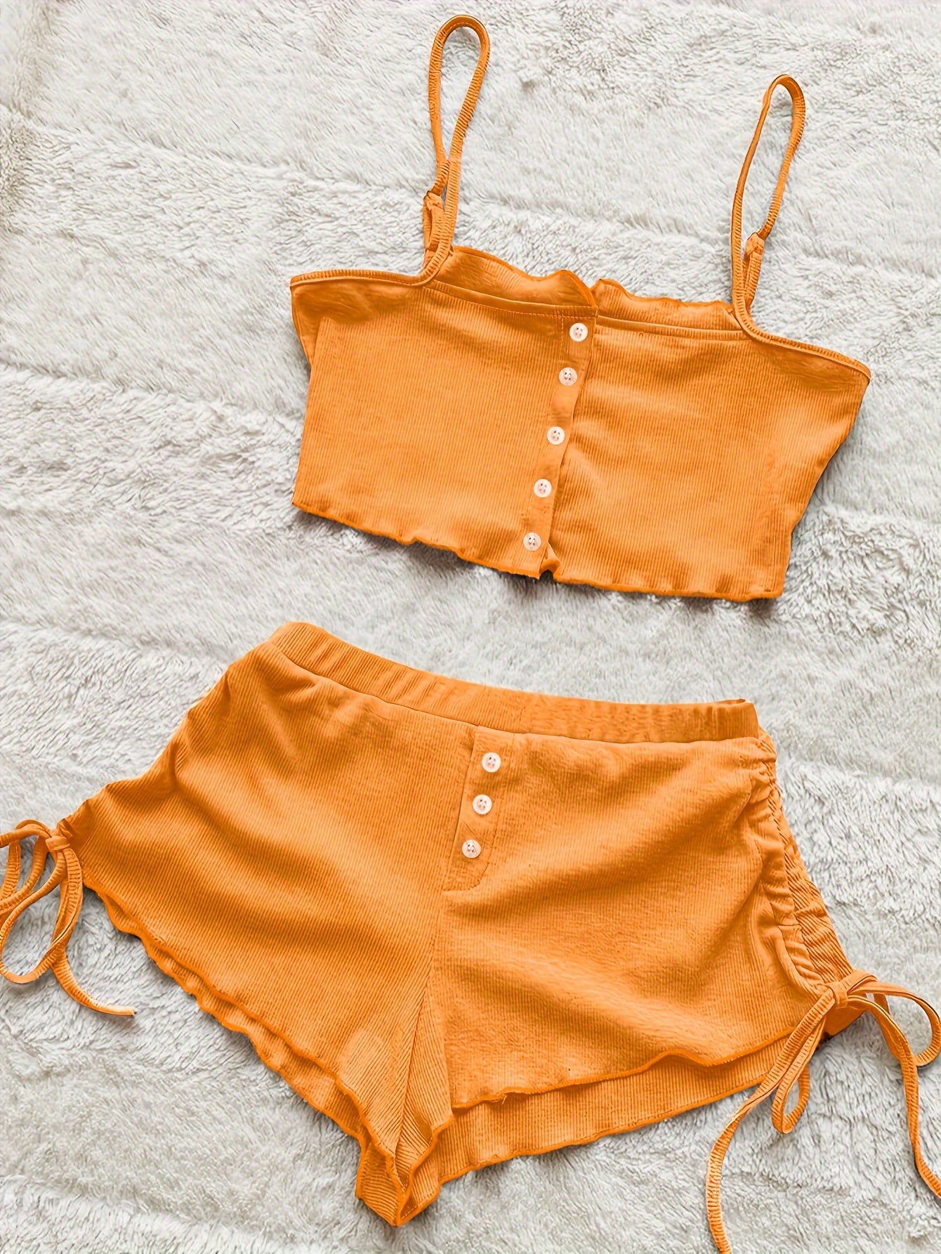 Simple Solid Print Lounge Set, Buttons Cami Top & Drawstring Shorts, Women's Loungewear & Sleepwear Koningsdag/King's Day