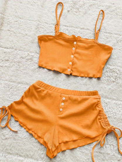 Simple Solid Print Lounge Set, Buttons Cami Top & Drawstring Shorts, Women's Loungewear & Sleepwear Koningsdag/King's Day