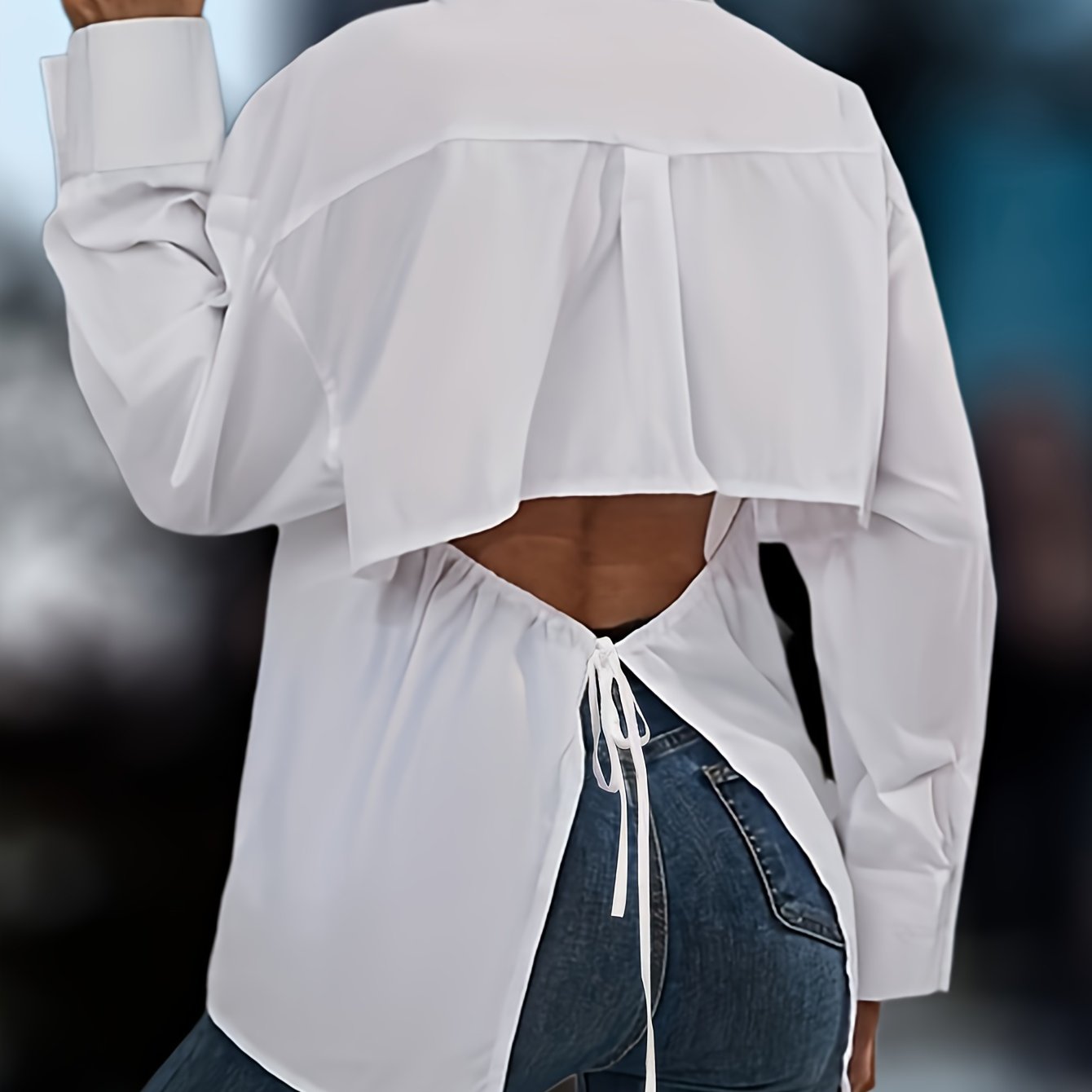Chic Cut Out Blouse with Tied Detail - Flattering Long Sleeve Design for Spring & Fall - Versatile Womens Fashion Clothing