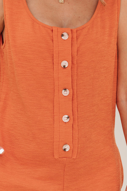 Grapefruit Orange U Neck Button Front Sleeveless Romper