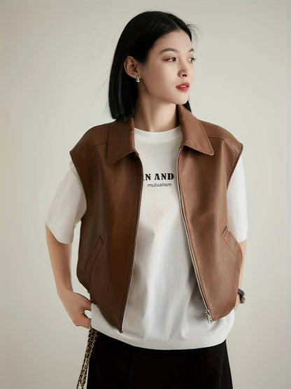 Women's Vintage Style Versatile Genuine Sheepskin Leather Vest, Casual Sleeveless Jacket With Zipper Detail