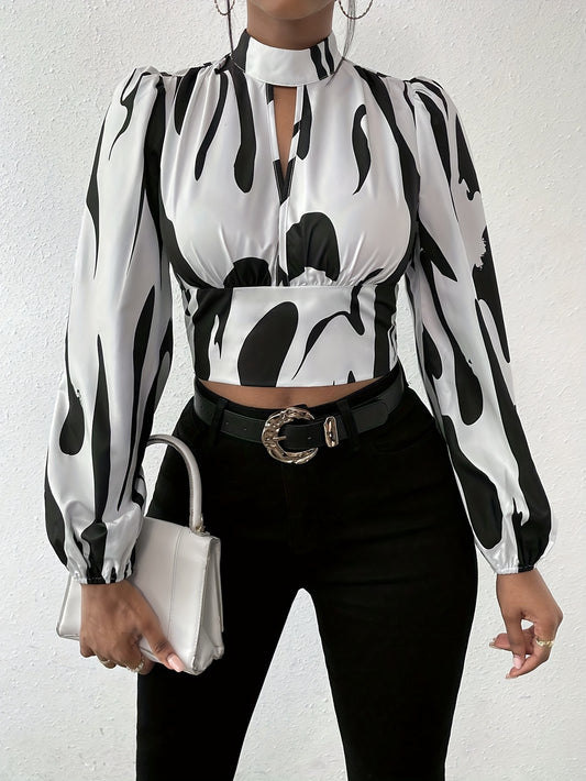 Graphic Print Mock Neck Crop Blouse, Elegant Long Sleeve Cut Out Shirred Blouse, Women's Clothing