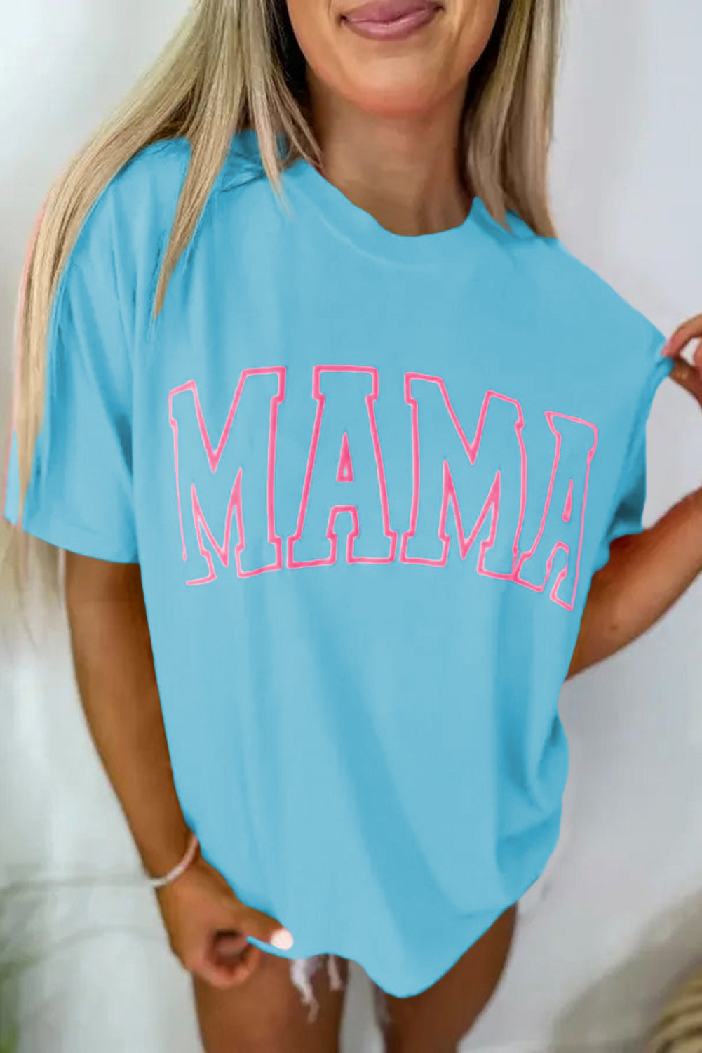 Light Blue MAMA Letter Graphic Neon T Shirt