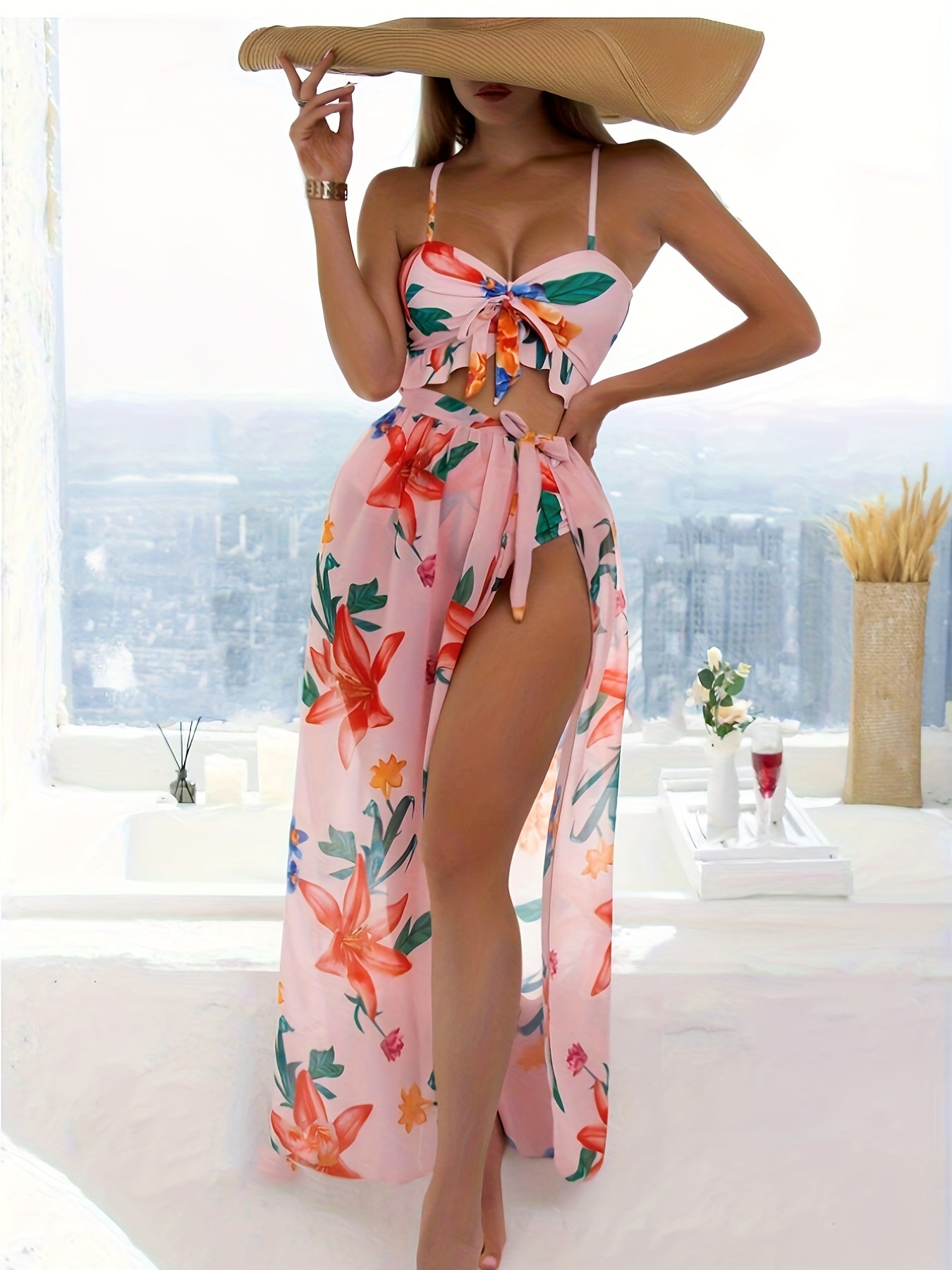 3 Piece Floral Print Ruffled Knot Front Bikini Set - Women's Swimwear & Clothing - Sets with Cover Up Skirt, Adjustable Straps, and Comfortable Fabric