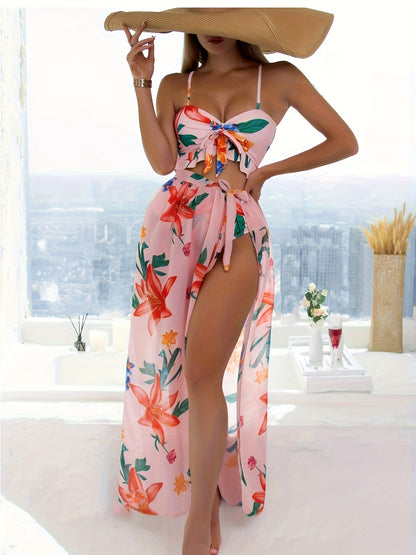 3 Piece Floral Print Ruffled Knot Front Bikini Set - Women's Swimwear & Clothing - Sets with Cover Up Skirt, Adjustable Straps, and Comfortable Fabric