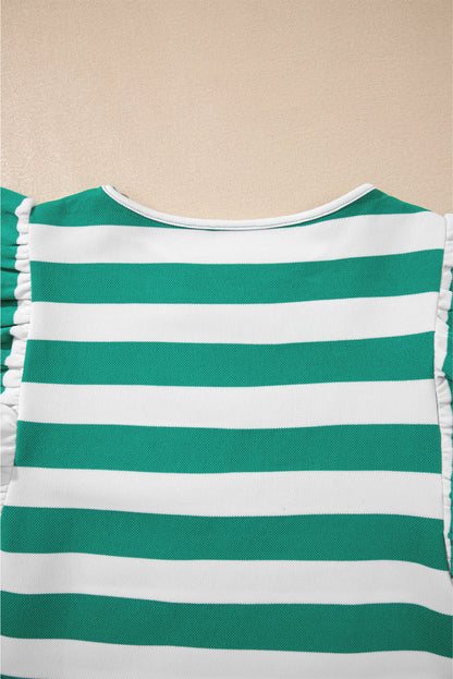 Green Stripe Flutter Sleeve Round Neck T Shirt