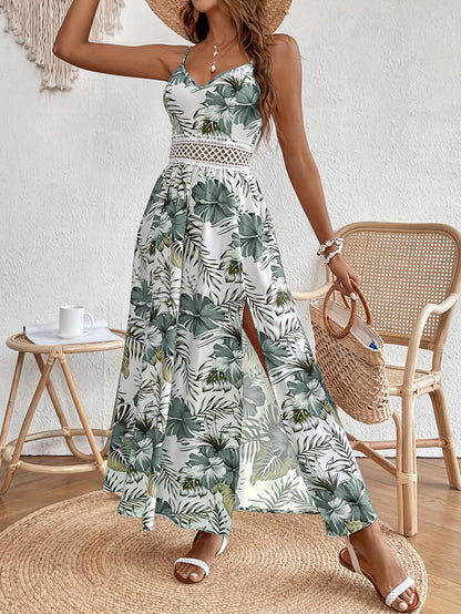 Floral Print Spaghetti Strap Dress, Elegant Sleeveless Split Dress For Spring & Summer, Women's Clothing