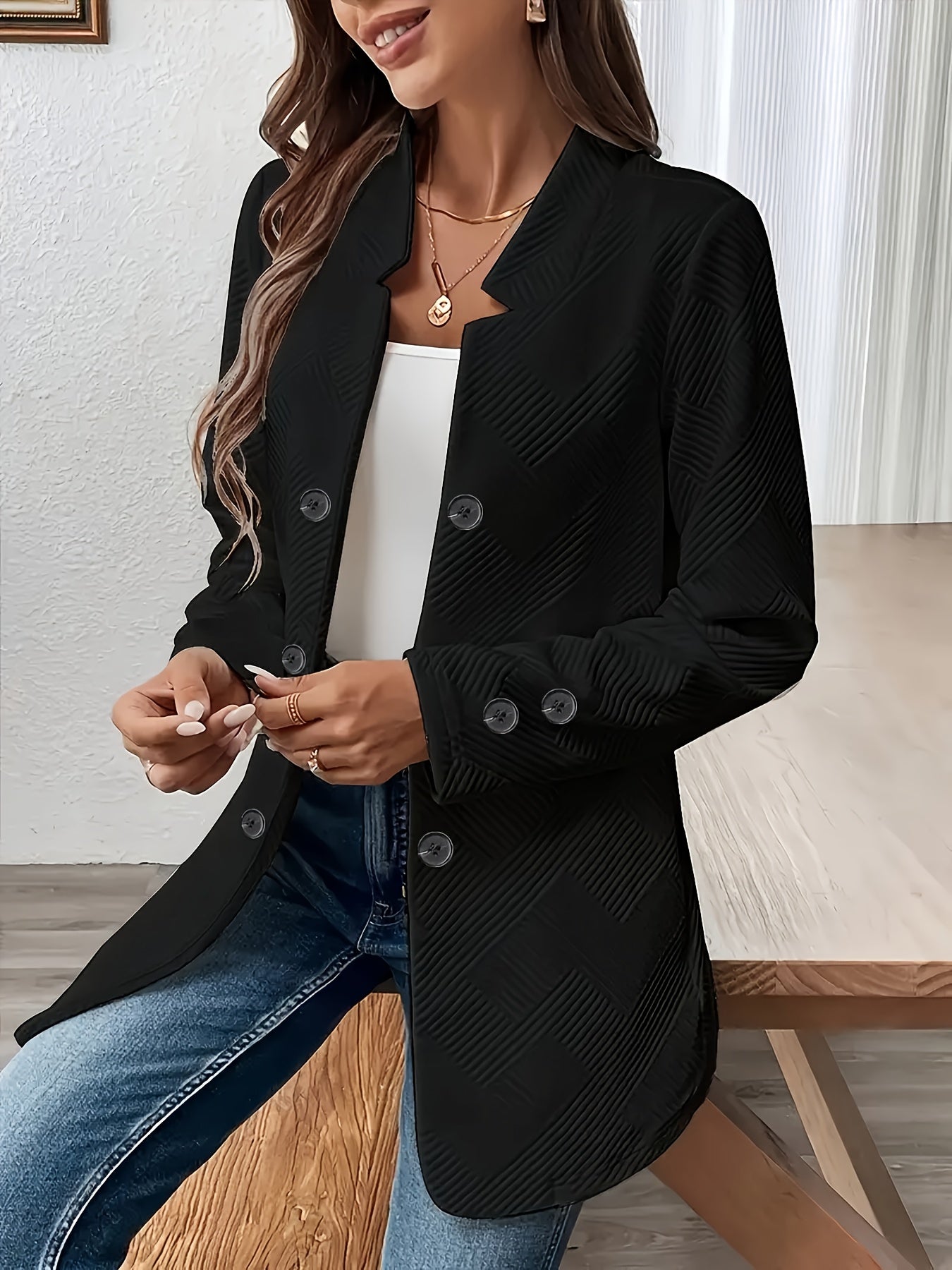 Women's Casual Solid Color Double-Breasted Long Sleeve Jacket with Pockets, Polyester Knit Fabric, Open Front Collar - All Seasons, Allseason Jacket | Doublebreasted Jacket | Stylish Jacket
