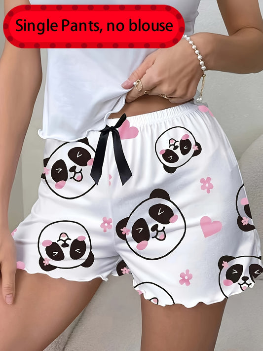 Cute Panda Print Night Bottoms, Elastic High Waist Frill Trim Shorts, Women's Sleepwear & Loungewear