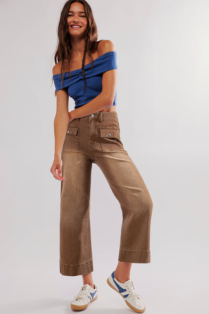 Brown Flap Pockets Front Straight Cropped Jeans