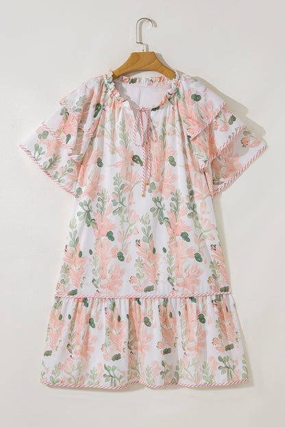 Pink Plus Size Floral Print Striped Detail Short Summer Dress