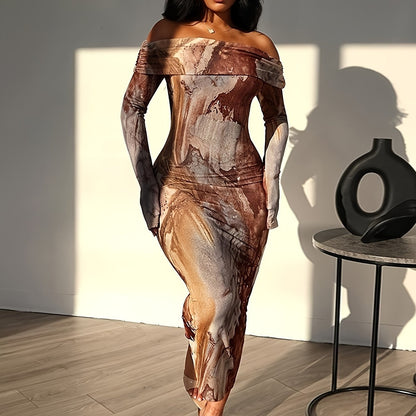 Tie Dye Off Shoulder Dress, Elegant Long Sleeve Bodycon Dress For Party & Club, Women's Clothing Wedding occasion engagement party ceremony